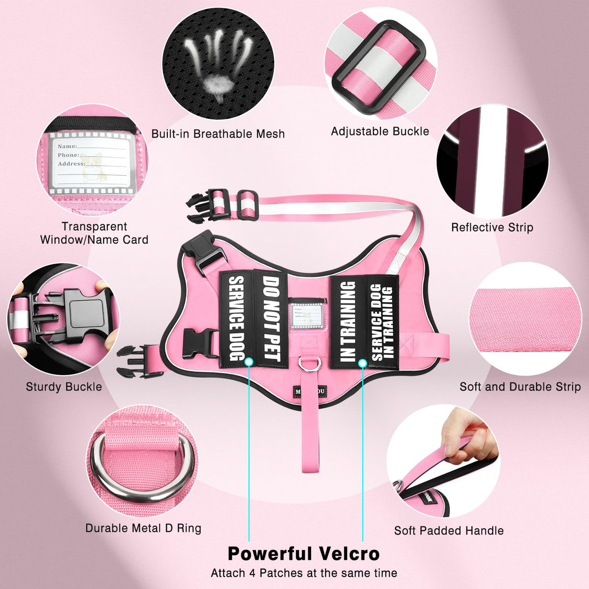 MOOGROU Service Dog Vest Harness and Leash Set+10 Patches,No Pull&Easy Walk Reflective Dog Harness with Soft Padded Handle for Training/Everyday,Fit Small/Medium/Large/Extra-Large Dogs(Pink S)