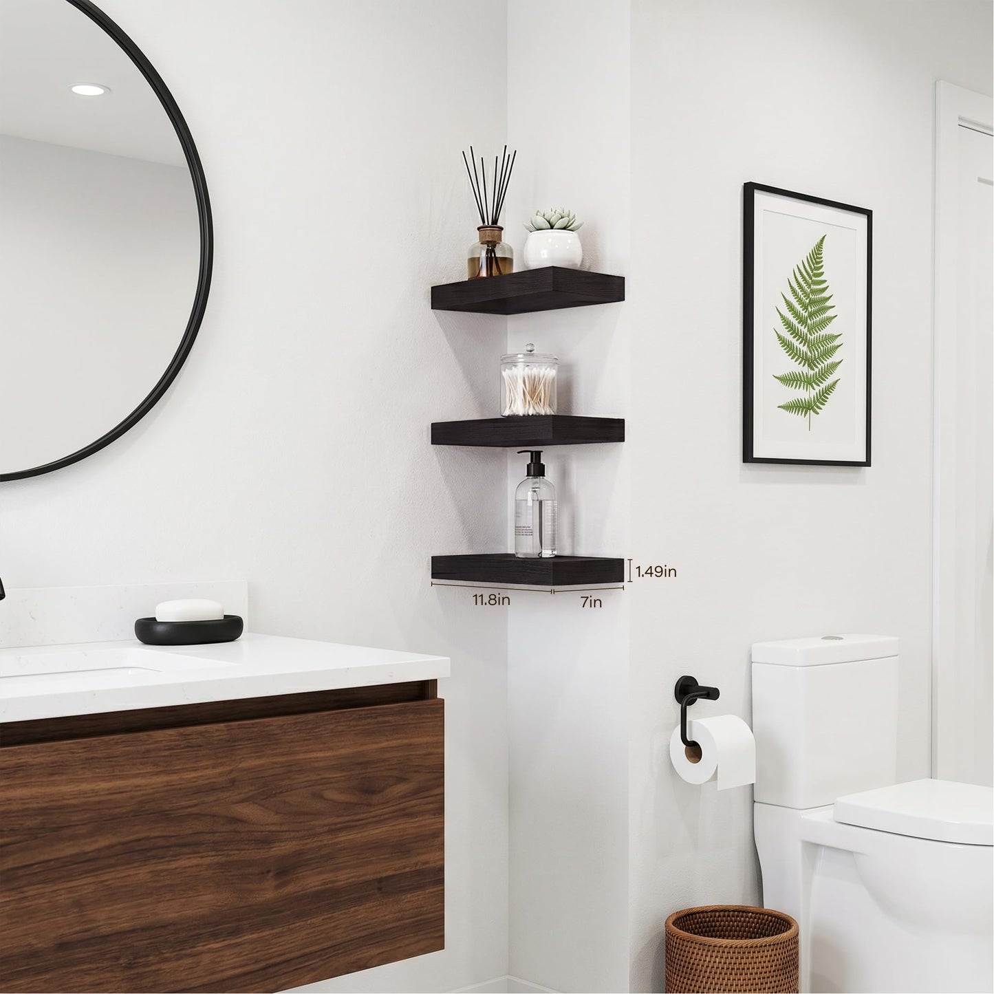 Modcraft Black Floating Wall Shelves for wall 3-Pack, 11.8" Small Wall Mounted Shelves, Sturdy Multi-Set Storage & Display for Bathroom Over Toilet, Kitchen, Living Room, Bedroom