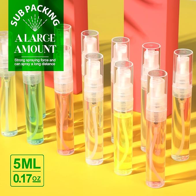 Teenitor 20Pcs Mini Spray Bottle, Travel Spray Bottle 5ml Plastic, Fine Mist Atomizer for Perfume, Mini Refillable Bottle, Empty Bottle for Travel