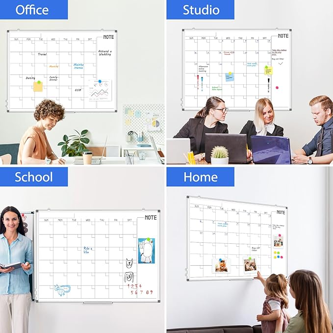WALGLASS Dry Erase Calendar Whiteboard, 48" x 36" Monthly Large Dry Erase Calendar for Wall, Double-Sided Hanging White Board with Silver Aluminum Frame for Home, School, Office, Kitchen