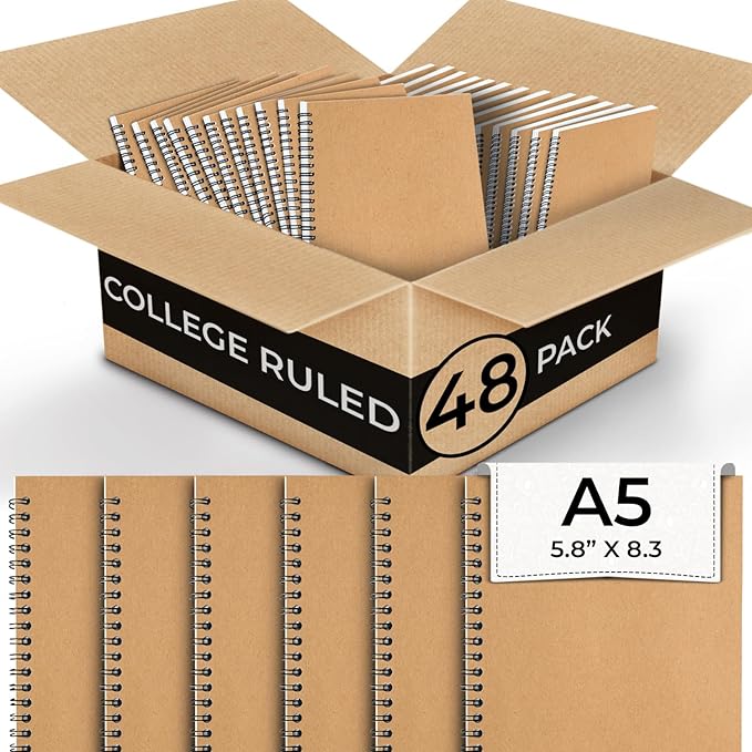 48 Pack Kraft Spiral Notebook, A5 College Ruled, 5.8 x 8.3, 120 Pages (60 Sheets), 100 GSM Thick Paper, Hardcover Planner Notebooks, Travel Writing Journals, Bulk Home Office School Supplies