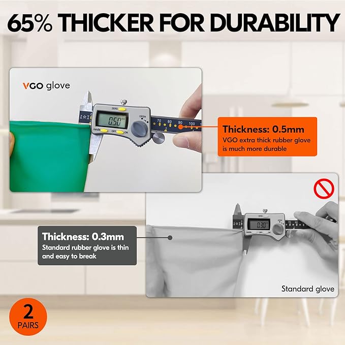 Vgo... 2-Pairs Reusable Household Gloves, Rubber Dishwashing gloves, Extra Thickness, Long Sleeves, Kitchen Cleaning, Working, Painting, Gardening, Pet Care (Size L, Green, HH4601)