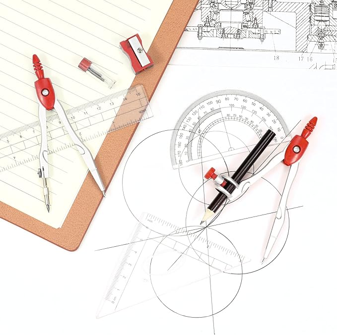 Math Geometry Kit Sets 10 Piece Student Supplies with Shatterproof Storage Box,Includes Rulers,Protractor,Compass,Eraser,Pencil Sharpener,Lead Refills,Pencil,for Drafting and Drawings（Red）