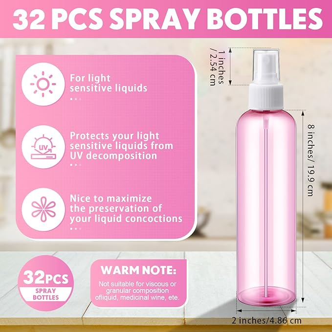Eccliy 32 Pcs 8 oz Spray Bottles Fine Mist Cleaning Bottles Clear Empty Plastic Travel Sprayer Refillable Sprayer with Cap for Cleaning Solutions Oils Travel Perfumes(Pink,Clear)