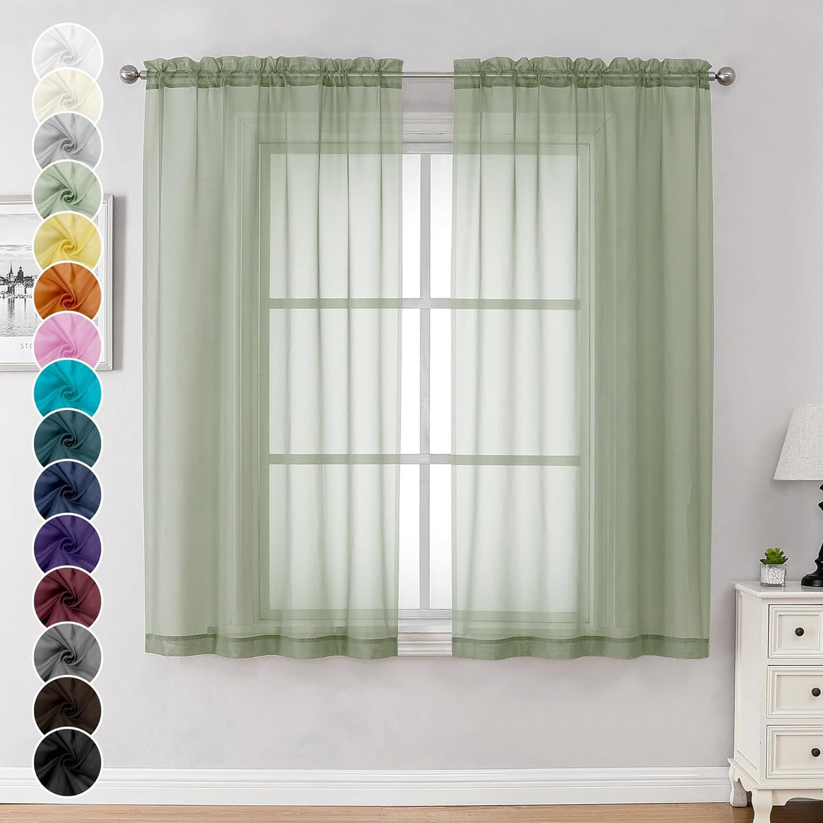 Chyhomenyc Sage Green Sheer Curtains 54 Inch Long 2 Panels Set, Short Rod Pocket Voile Drapes for Dinning Small Windows Bathroom Living Room Bedroom, Each 42Wx54L in, 2PCS, Sage Green