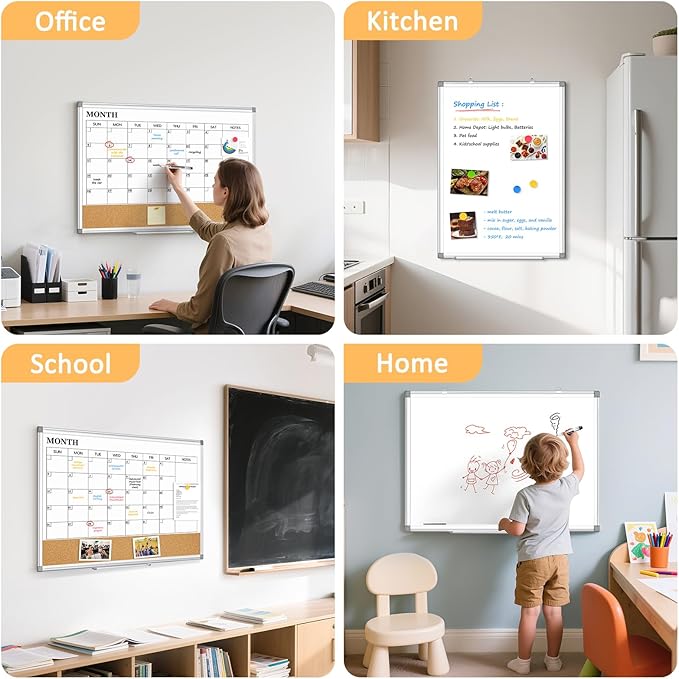 Dry Erase Calendar Whiteboard for Wall, 24"x18" Magnetic Monthly White Board Cork Board Combo, Double Sided, Aluminum Frame, Wall Hanging Wipe Board for Home, Office, School, Dorm