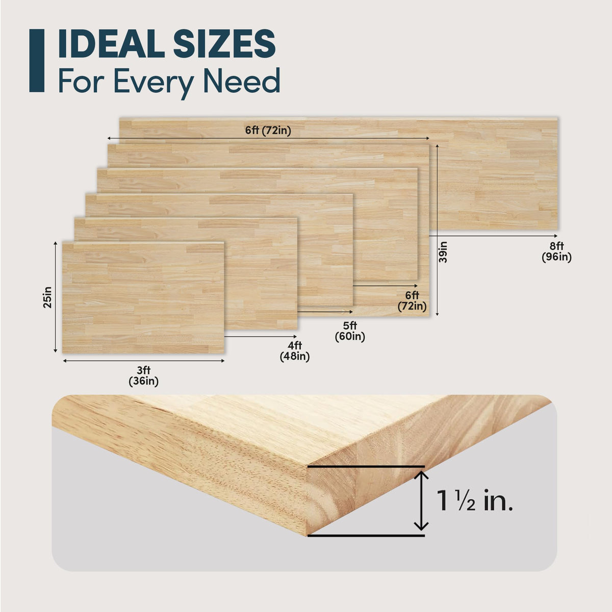 AllForWood 36''L x 25''W x 1.5''Th Hevea Solid Wood Butcher Block Countertop, Butcher Block Table Top for DIY Washer Dryer/Island/Kitchen Countertop (Unfinished)