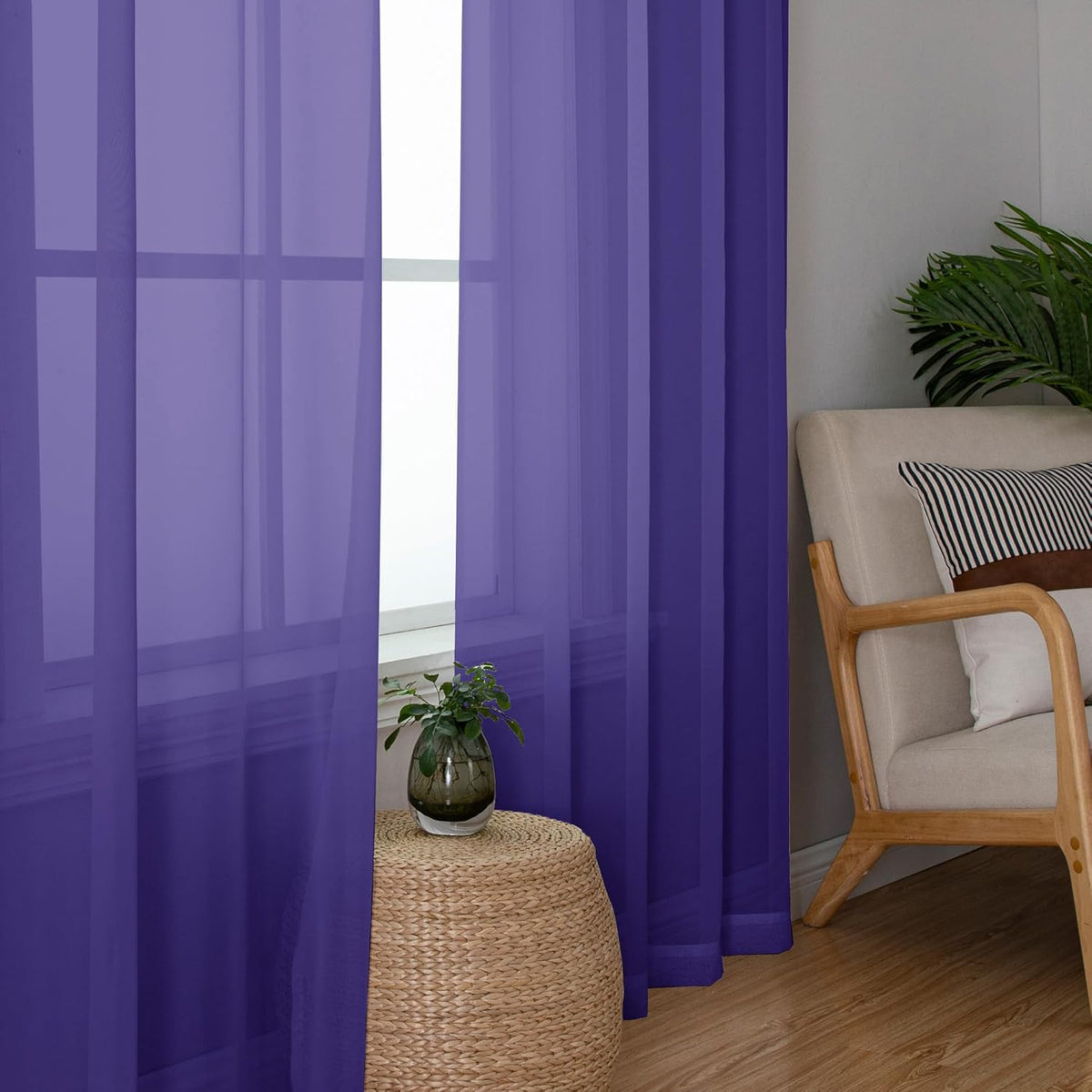Chyhomenyc Purple Sheer Curtains 45 Inch Long 2 Panels, Light Filtering Rod Pocket Voile Short Curtains Drapes for Living Room Bedroom Small Windows, 42Wx45L Inches