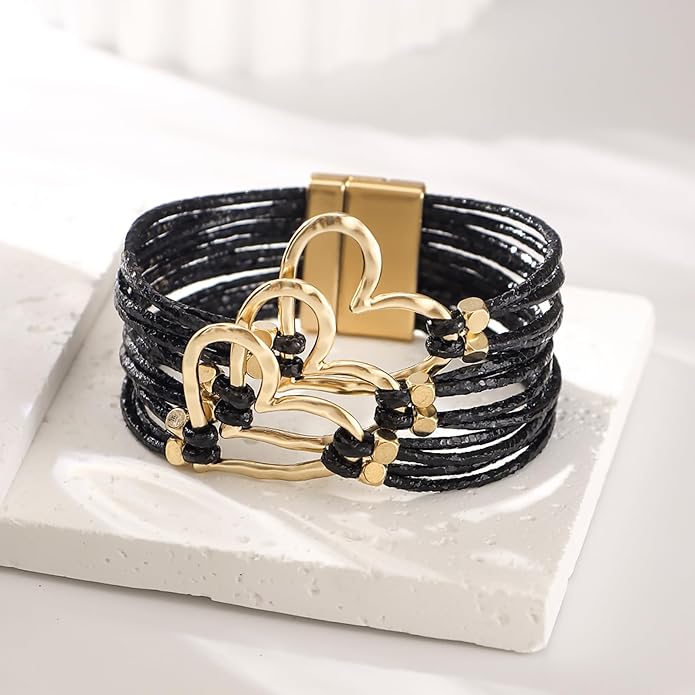 Fesciory Leather Wrap Bracelets for Women, Boho Leopard Multi-Layer Crystal Beads Cuff Bracelet Jewelry