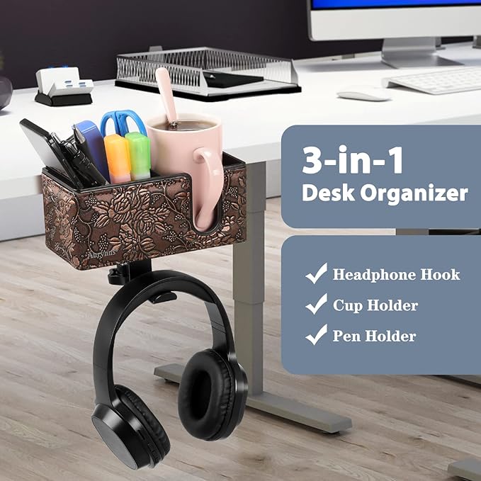 Desk Cup Holder Clip on Pen Holder Headphone Hanger Headset Stand Rotatable Clamp Hook Under Desk (Golden)
