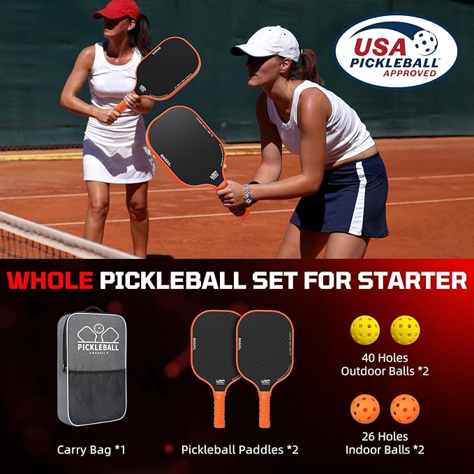 BAGAIL Pickleball Paddles, USAPA Approved Fiberglass Surface Pickleball Set, Lightweight Pickle Ball Rackets with 4 Balls, 1 Bag, Designed in California for Traction and Stability