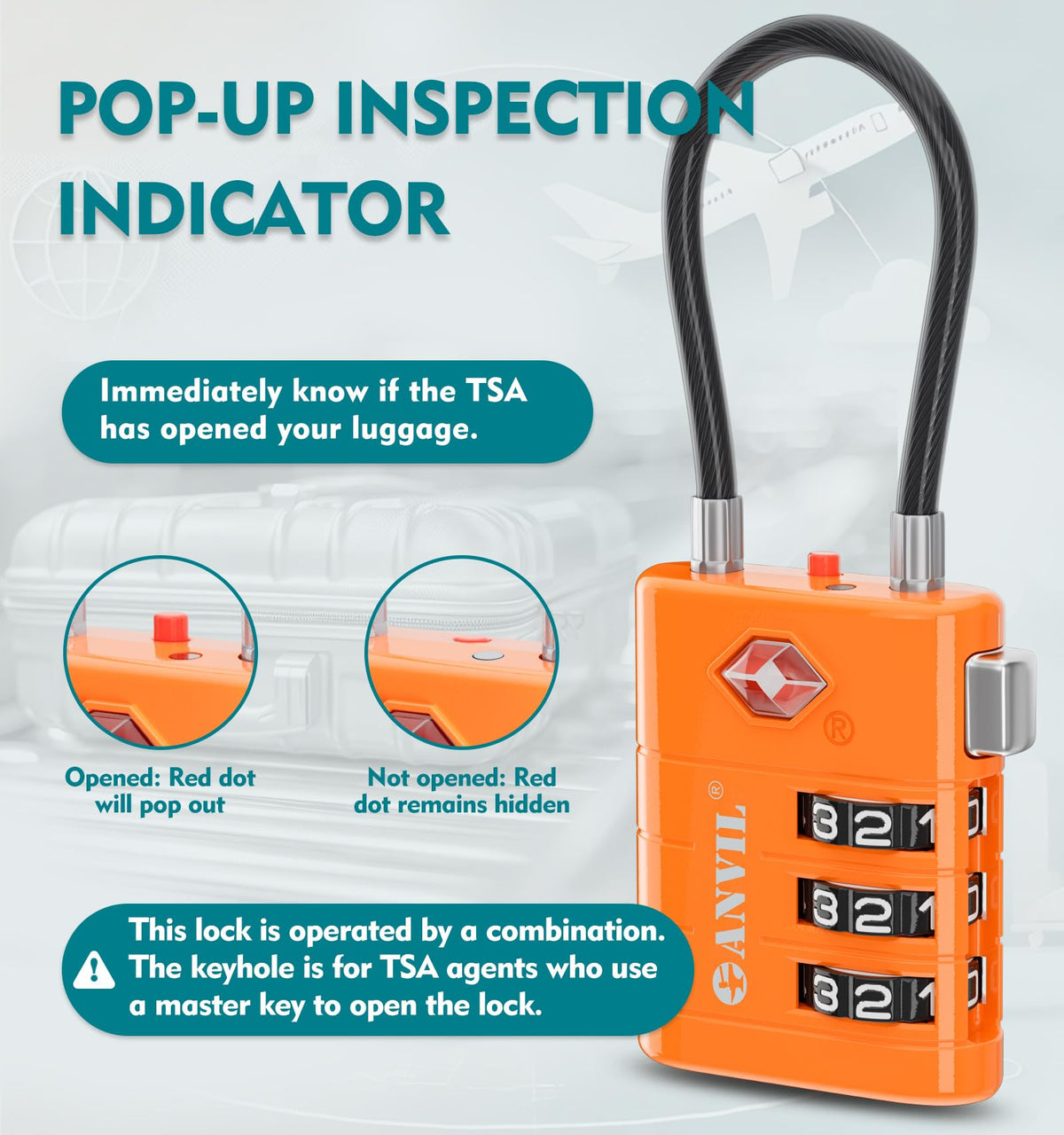 ANVIL Luggage Locks - TSA Approved, Advanced Core, Alert Indicator. Great Suitcase & Backpack Lock for Travel & Daily Use (2, Orange)