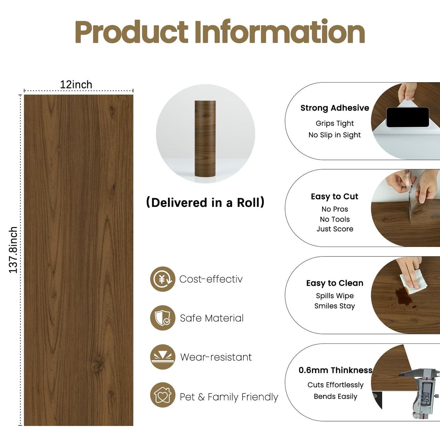 Peel and Stick Floor Tile - Wood Vinyl Flooring Roll Waterproof for Kitchen and Bathroom - 11.8in X 137.8in Self Adhesive Floor Tiles Removable