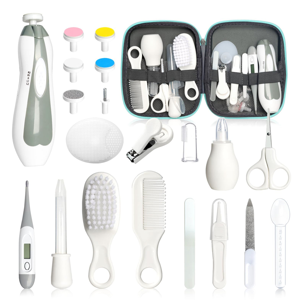 Baby Healthcare and Grooming Kit, 21pcs Baby Electric Nail Trimmer Set Newborn Nursery Health Care Set for Newborn Infant Toddlers Baby Boys Girls Kids Haircut Tools (21 Kits Grey White)