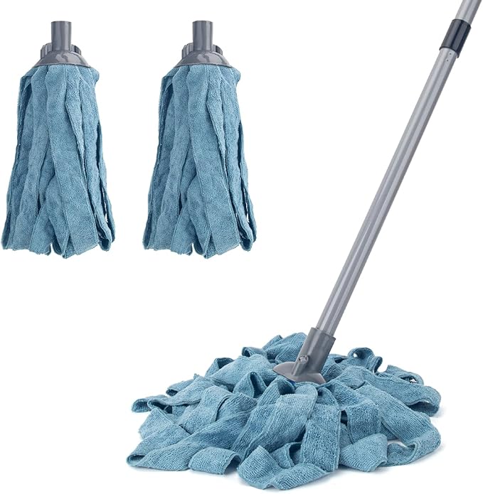 KeFanta Mops for Floor Cleaning,One Mop Handle with 2 Blue Microfiber Cloth Mops Head Replacement,String Wet Mop Refills Compatible with 0.8" Diameter Stick(1 Pole & 2 Heads)