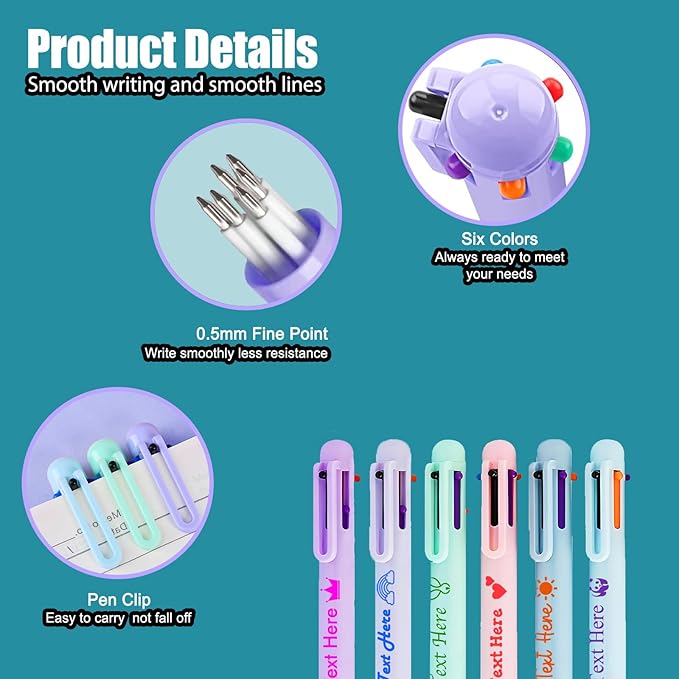Custom 6-In-1 Multicolor Ballpoint Pen 0.5mm Tip Personalized Pens with Text Logo Name Printed Customized Pens Gift for Businesses School Office Employee Exhibition, 35PCS