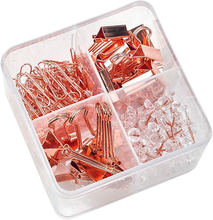Paper Clips and Binder Clips Set, Metal Assorted Sized Binders with Push Pins, Cute Office Supplies for Desk, Desk Accessories (Square-Rose-Gold)
