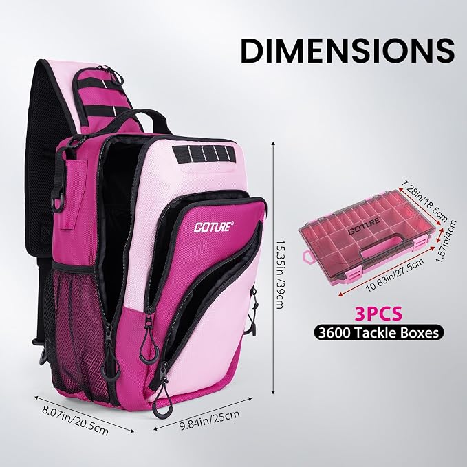 Goture Pink Fishing Tackle Bag, 1680D Water-Resistant Sling Fishing Backpack with Rod Holder, Anti-Slip Waist Strap, 3 Fishing Tackle Boxes, Fishing Gifts for Women Girls