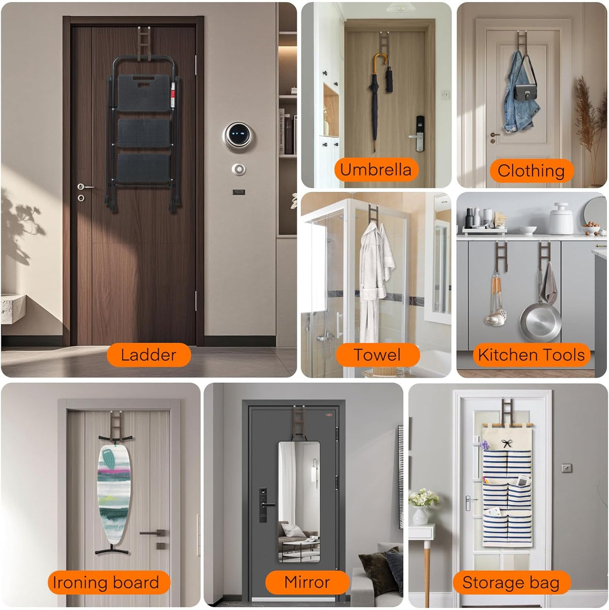 FYY Over The Door Hooks - 2 Pack Heavy Duty Dual-Hook Organizer Hanger with Non-Slip Rubber for Towels, Clothes, Hats & Bags Use in Bathroom, Bedroom, Kitchen - Fits Interior Doors Up to 1.6" Brown