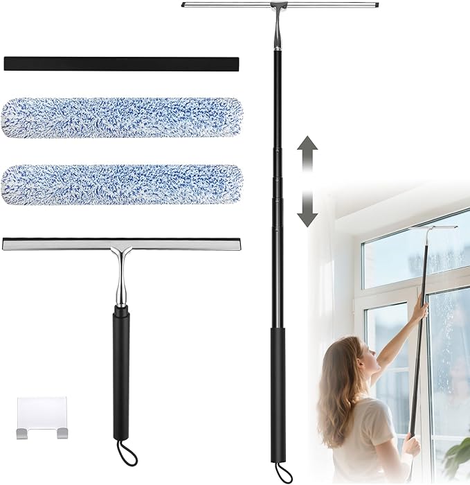 Squeegee for Shower Glass with Long Handle – Extends 13" to 48", Includes 2 Towel Sleeves, Replacement Silicone Blade & Hook, 14" Wide Blade for Glass, Mirrors, Windows & Tile Walls (Black)