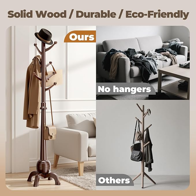 Wood Coat Rack Freestanding, Solid Wooden Hall Tree with 8 Hooks, Coat Tree Freestanding Heavy Duty with Stable Base, Entryway Hallway Bedroom Office Use, 240lbs Load Capacity H:71.6in (Walnut)