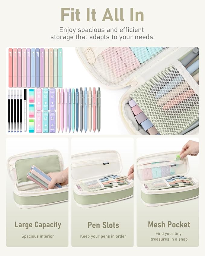 Four Candies 39 PCS Aesthetic School Supplies with Cute Pen Case, 12 Pastel Highlighters, 5 Black Ink Gel Pens, 6 Mechanical Pencils Set 0.5 & 0.7 mm for Students Stationary College Essentials (Green)