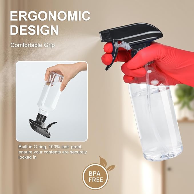 Spray Bottles 2-Pack, 10 Oz, Mist & Stream, Heavy Duty Spraying Empty Water Sprayer Bottle, BPA Free Plastic Refillable Containers for Cleaning Solutions, Plants, Hair, Essential Oils (Clear & Amber)
