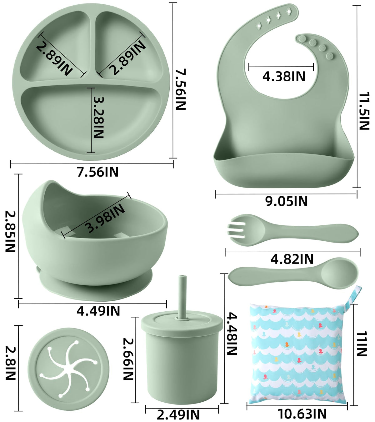 Silicone Baby Feeding Set, 10 Pcs Baby Led Weaning Supplies Baby Eating Essentials Set with Suction Bowl Divided Plate Adjustable Bib Soft Spoon Fork Cup with Lid Drinking Cup, Travel Bag (Green)