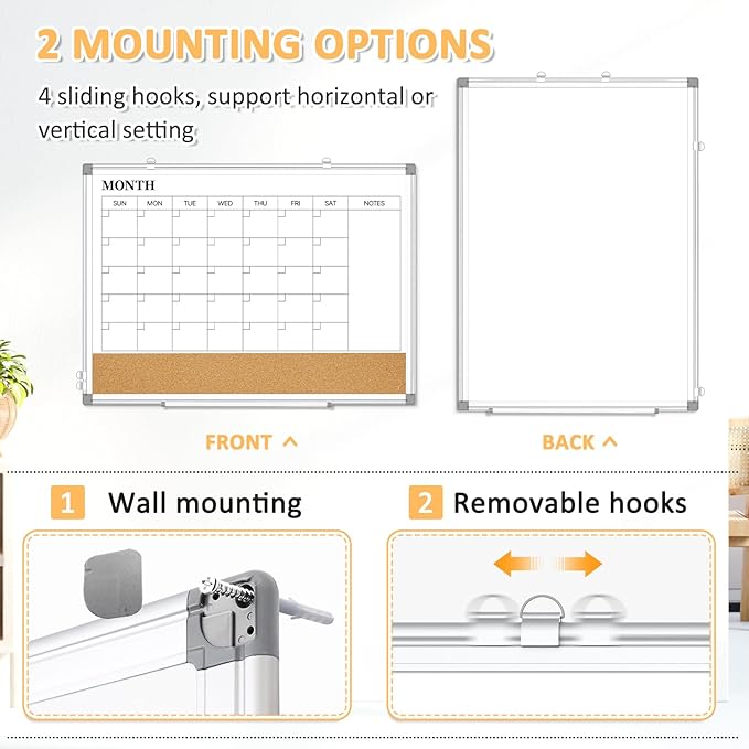 Dry Erase Calendar Whiteboard for Wall, 24"x18" Magnetic Monthly White Board Cork Board Combo, Double Sided, Aluminum Frame, Wall Hanging Wipe Board for Home, Office, School, Dorm