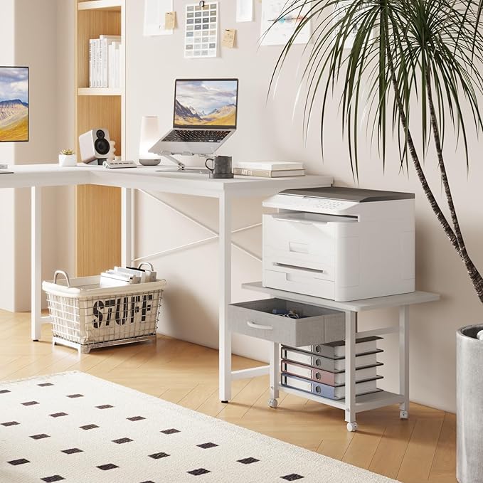 22"x15" Large Printer Stand with Storage Drawer, 2-Tier Under Desk Table for Home Office, Fits Fax Machine/3D Printer/Scanner (White)