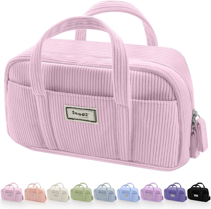 Sooez Large Pencil Case Pouch, Extra Big Pencil Bag with 5 Compartments, Pen Bag Wide Opening, Soft Corduroy Pencil Organizer with Zipper, Cute Aesthetic School Supplies for Teen Girls Light Pink