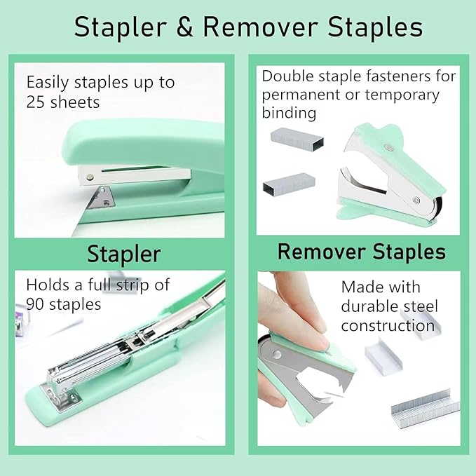 Green Desk Accessories, Pink Office Supplies Set with Stapler, Tape Dispenser, Staple Remover, Pen Holder, Scissor, Binder/Paper Clips, Ballpoint Pen, Clear Tape and 1000pcs Staples