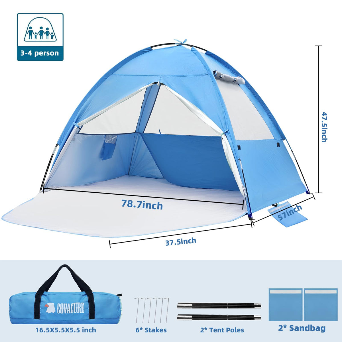 COVACURE Beach Tent Sun Shelter for 3-4 Person - UPF 50+ UV Protection Beach Shade, Waterproof & Lightweight, Easy Setup Portable Sun Canopy for Camping, Fishing, Beach