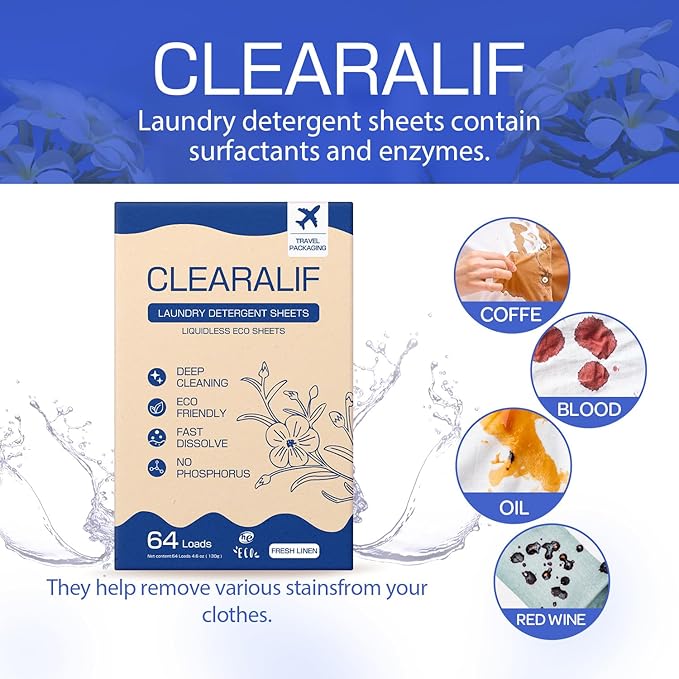 CLEARALIF Laundry Detergent Sheets, Fresh Linen, 64 Load, CLEARALIF Laundry Detergent Strips Eco Friendly & Hypoallergenic