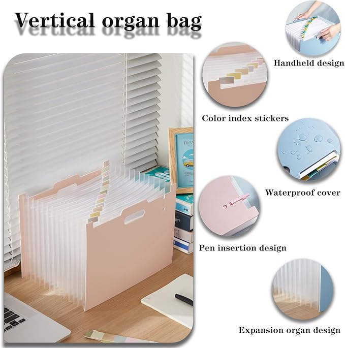 2-Piece Accordion Folder Manager, 12 Grid Expansion Pages, Portable Monthly Bill and Receipt Manager That Opens Upright, Colored Labels, School, Home, and Office letterhead/A4 Size, Pink