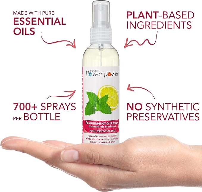 Natural Flower Power Air Freshener Spray - Odor Eliminator with Essential Oils for the Home, Car & Fabric - Cruelty Free & Vegan - Peppermint & Lemon - 2 x 4 oz