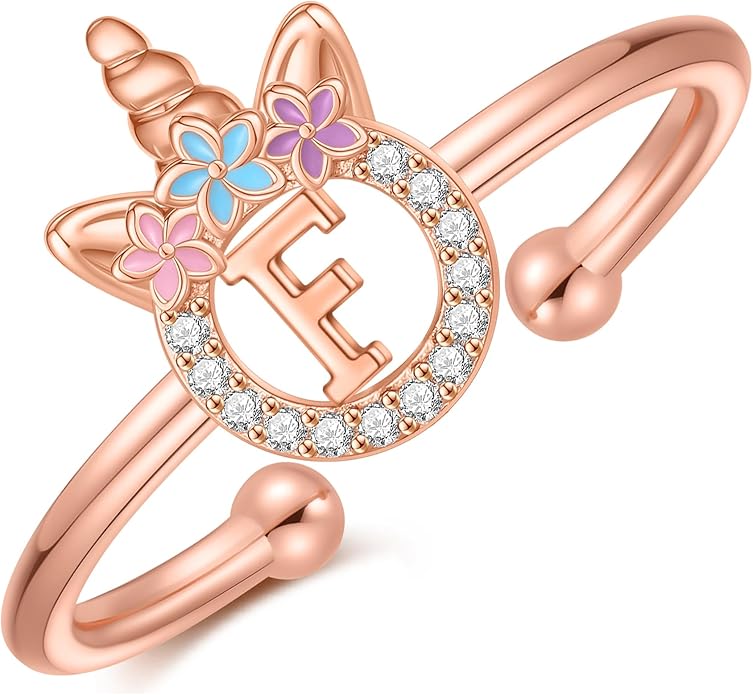 Unicorn Rings Gifts for Girls - Adjustable Initial Ring Dainty Cute Unicorn Rings for Girl Teens Little Girls Jewelry Birthday Gift