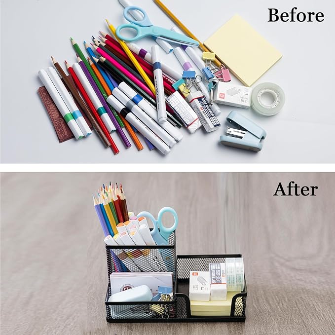 4 Pieces Mesh Pen Holder Desk Organizers and Accessories for Deskop Organizer,3 Compartments Black Pencil Holder for Office Supplies,Gifts for Colleague