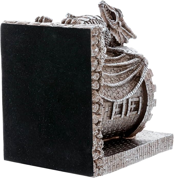 MyGift Gothic Brown Resin Dragon Guarding Castle Pencil Cup Bookends, Office Desk Book Ends with Decorative Fantasy Dragons and Stone Tower Pen Holders, 1 Pair