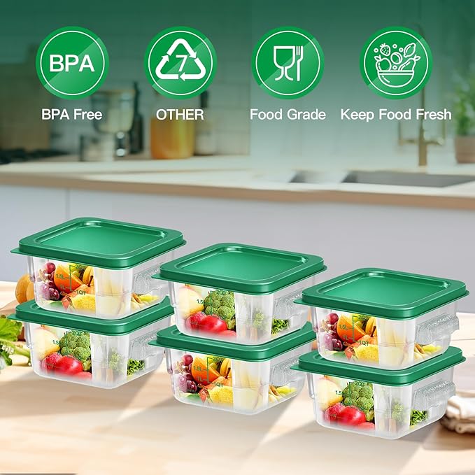 6 pcs 2qt Food Storage Containers with Lid, Square Clear Commercial Storage Containers with Handle and Scale for Food Storage in Home Kitchen & Dining (Green)