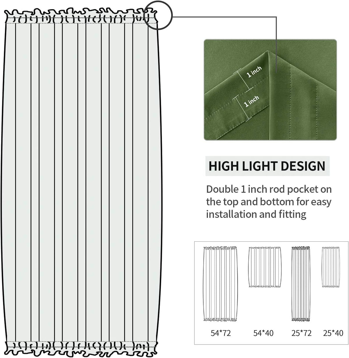 DWCN French Door Curtains – Rod Pocket Thermal Blackout Curtain for Doors with Glass Window, Kitchen and Patio Doors for Privacy, 25 X 40 Inches Long, 1 Curtain Panel with Tieback,Olive Green