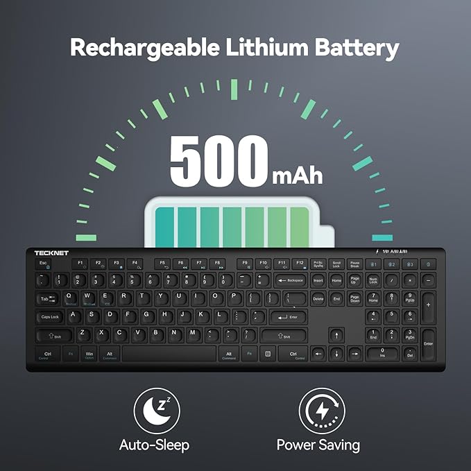 TECKNET Bluetooth Keyboard Rechargeable, 4-Device Free Switching (2.4G+BT), Ultra-Slim Full Size Wireless Keyboard, Quiet Typing, for PC/Laptop/Smart TV/Phone, Adjustable Stand, 12 Multimedia Keys