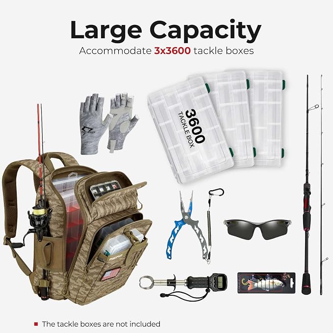 Piscifun Fishing Tackle Backpack with Rod & Gear Holder, Lightweight Fishing Tackle Storage Bag with Protective Rain Cover