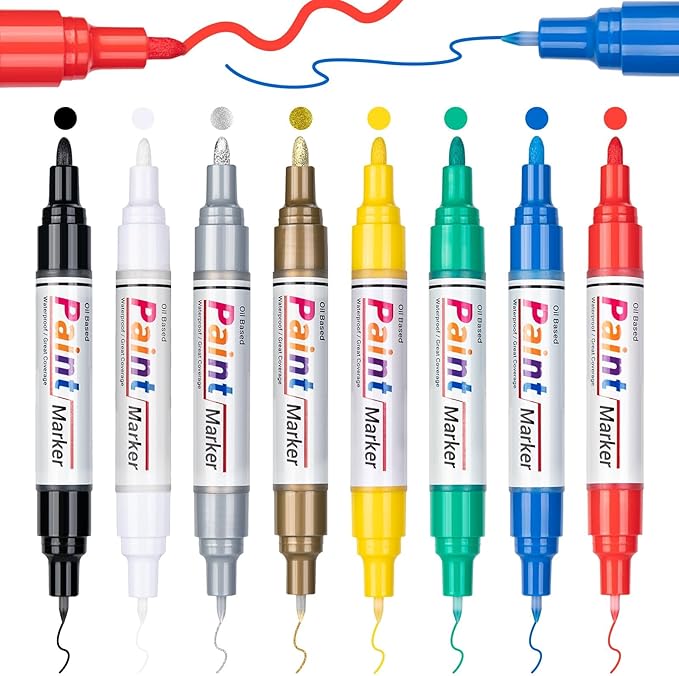 Oil Based Paint Markers, 8 Colors Dual Tip Permanent Paint Pens Paint Markers(0.7mm & 3mm), Waterproof Paint Pen for Rock Painting, Metal Wood Glass Stone Canvas Mugs Fabric Plastic