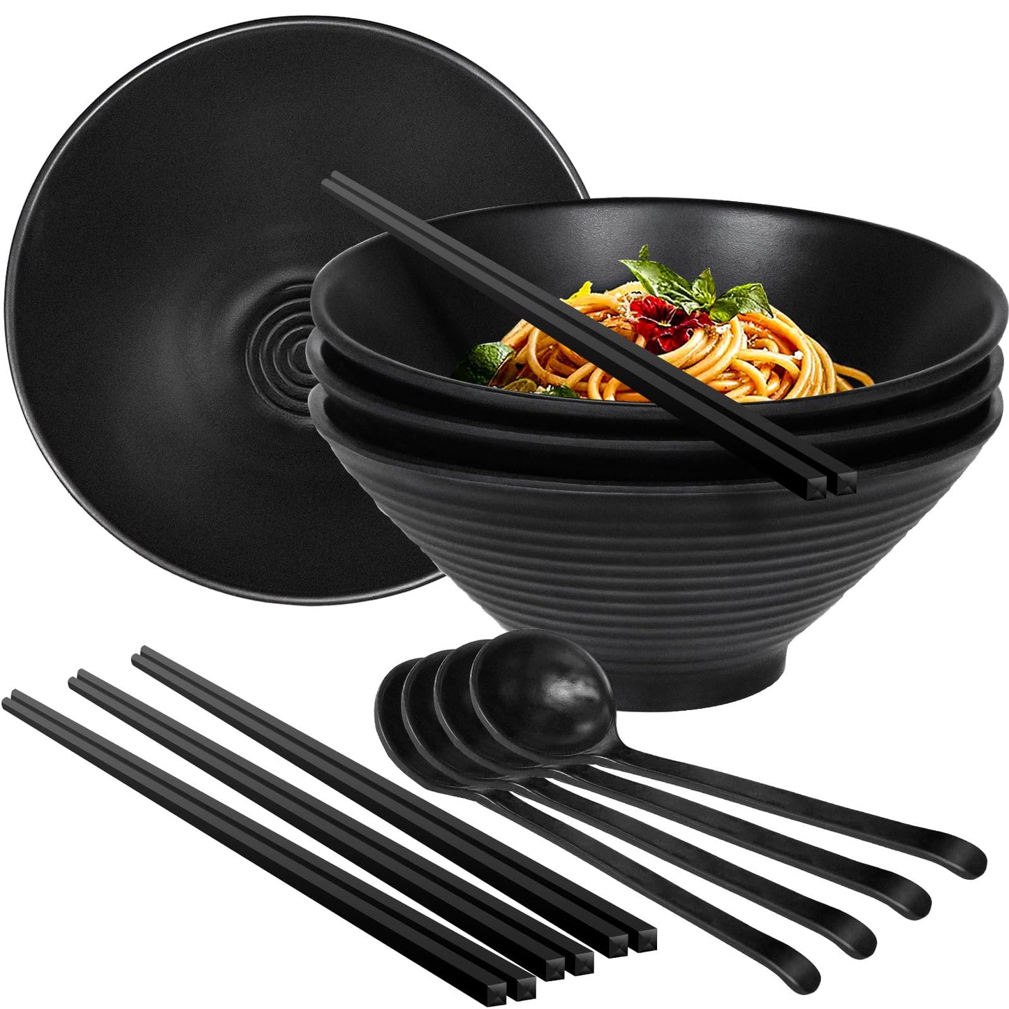 Greentainer 54oz Ramen Bowl Set of 4, Melamine Large Japanese Style Noodle Soup Bowls Set with Spoons and Chopsticks for Udon, Pho, Noodles, Pasta, 10" Asian Dishes Black Large Bowl | Dishwasher Safe