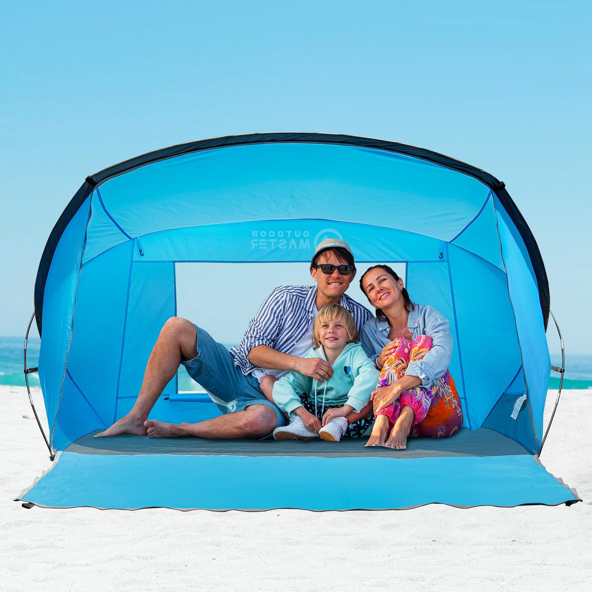 OutdoorMaster Beach Tent for 3-4 Person - Easy Setup and Portable Beach Shade Sun Shelter Canopy with UPF 50+ UV Protection Removable Skylight Family Size - Blue