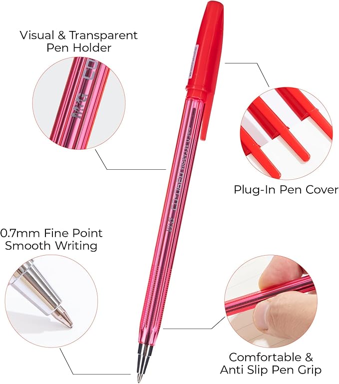 M&G Ballpoint Pens, Red Ink Ballpoint Pens Fine Point 0.7mm, Ball Point Pens Bulk Smooth Writing with Anti-Slip Grip & Plug-In Cover for Journaling Office Supplies School Women Men (40 Pack)