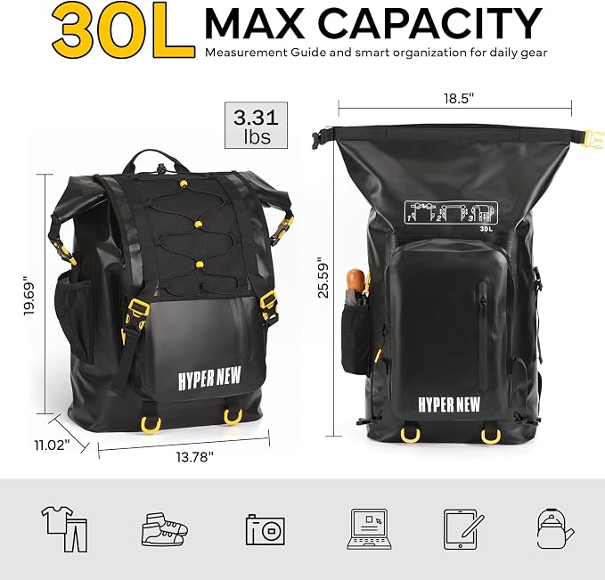 30L Waterproof Dry Bag Backpack | Breathable back. 500D PVC with roll-top waterproof design. Suitable for hiking, fishing, water sports, daily commute & travel