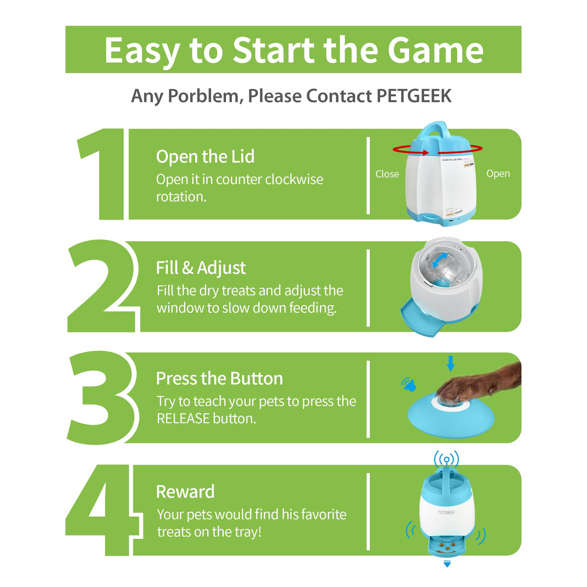 PETGEEK Dog Food Dispenser Toy, Treat Dispensing Dog Toys for IQ Training, Interactive Puzzle Toys to Keep Them Busy, 3000mAh USB Rechargeable Pet Treat Dispenser with Push Remote Button, 400ml