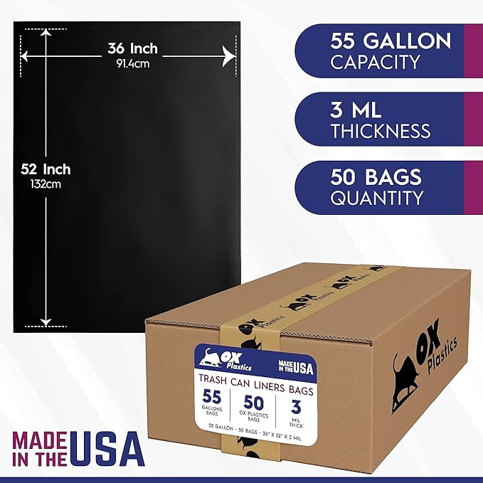 55 Gallon Trash Bags Heavy Duty – Large Black Contractor Bags 36x52" – Industrial, Yard Waste, Lawn & Leaf, Construction Garbage Can Liners – Made in USA (3 Mil, 50 Count)